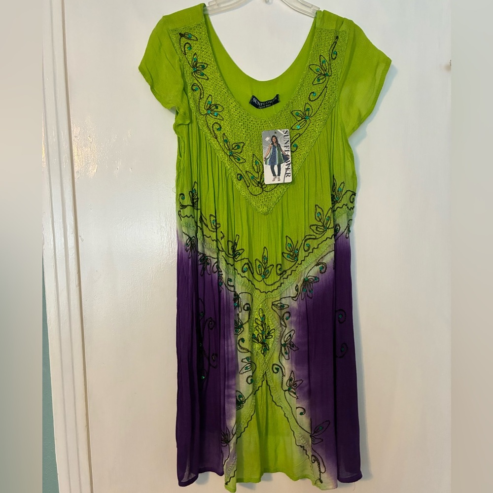 Green and Purple Embroidered Dress
